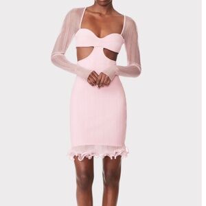 HERVE LEGER SHEER LAYERED L/S MINI DRESS W/ RUFFLE-NEW WITH TAGS